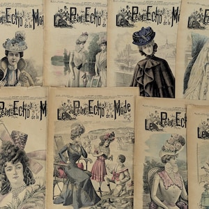 10 Revistas de moda feminina francesas antigas de 1800, Le Petit Echo De La Semaine Paris, design de cenário e adereços, fotografia, documentos antigos e efêmeros franceses