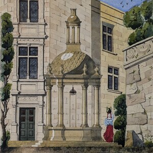 Antico francese acquerello guazzo pittura acqua pozzo St Pere En Vezelay Yonne Francia L. Danbourg 1872 arte originale, Puit St Pere En Vezelay
