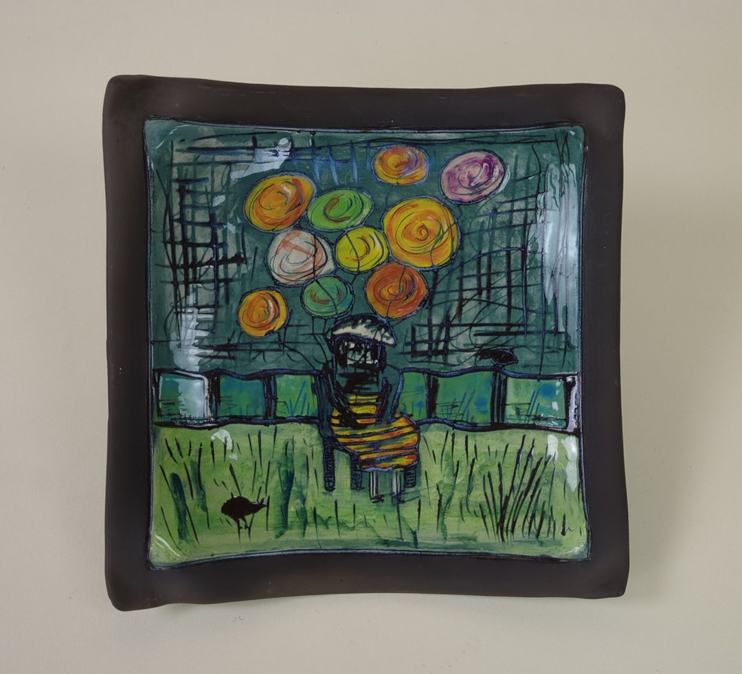 Studio Pottery Trinket Dish With Woman Holding Balloons Decoration ...