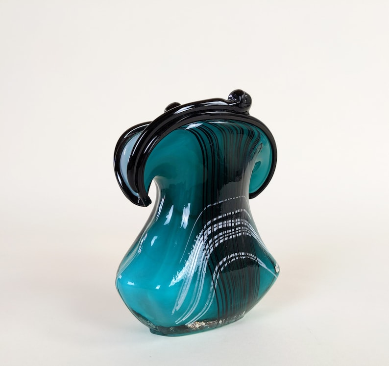 Vintage Green And Black Italian Murano Italy Glass Flared Purse Shaped Flower Vase image 6