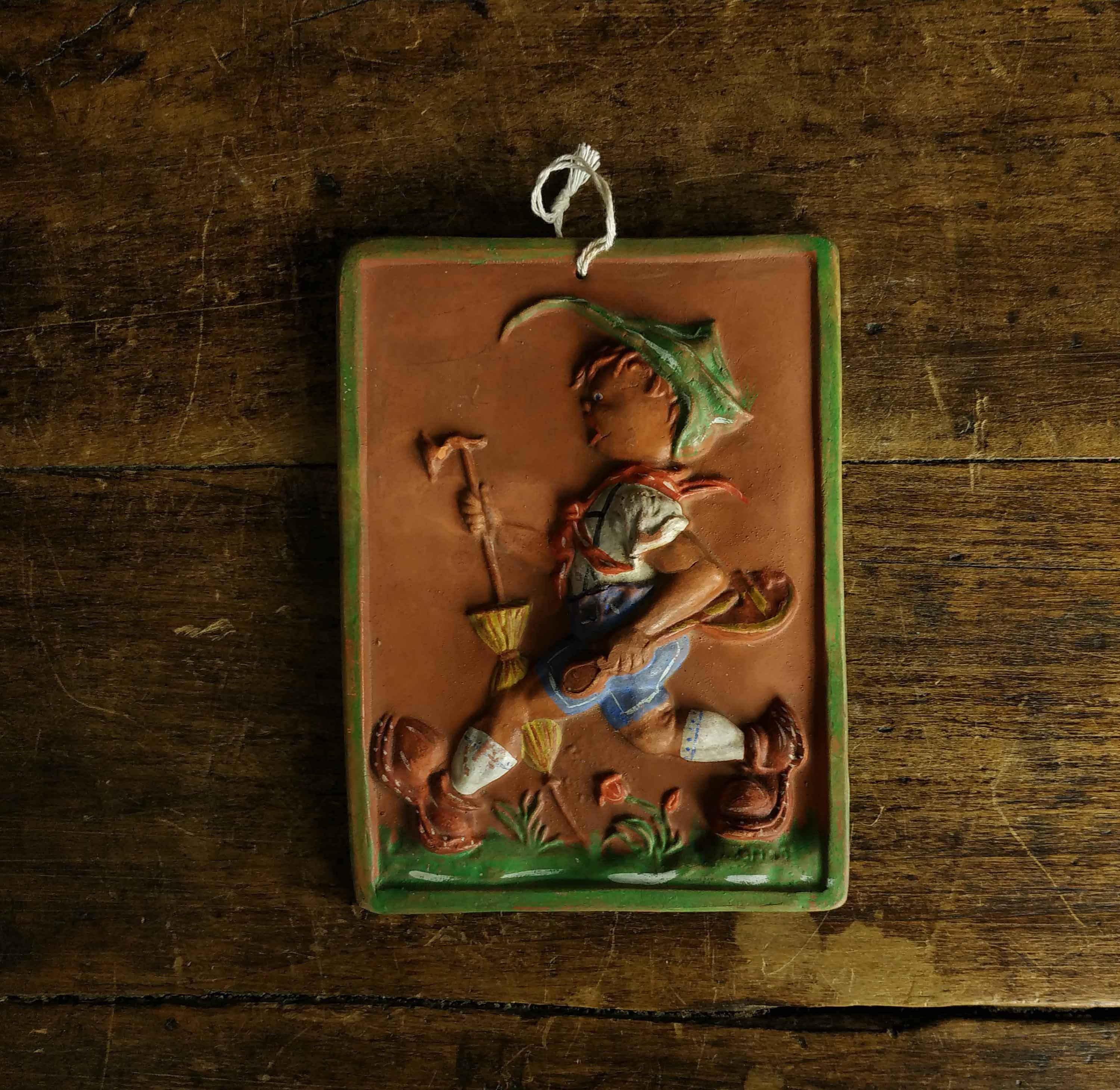 Vintage Childrens Fable Plaque, Français Redware Wall Hanging 1930S Hand Painted Childs Bedroom Aeso