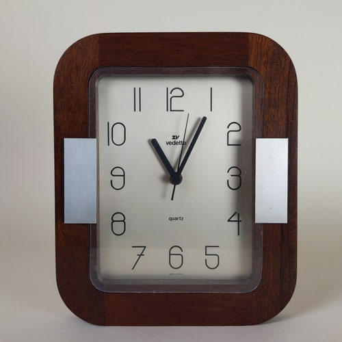 French Vintage Art Deco Revival Teak Wood And Glass Wall Clock By Vedette shops 1980s