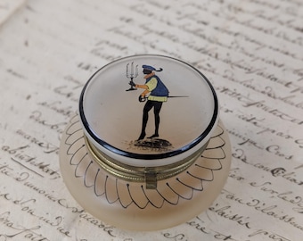 French Frosted Glass Trinket Box, Vintage Satin Glass 1940s Silhouette Vanity Jar Hinged Pill Box