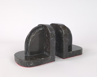 French Art Deco Period Marble Bookends, Vintage Pair Of Carved Black Marble 1920s Book Ends, Antique Home Library Decoration, Home Decor