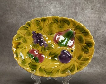 Large Sarreguemines Majolica Serving Dish, French Ceramic Dish, Vintage Pottery Table Centerpiece, Majolica Fruit Bowl, Large Barbotine Dish