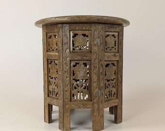 Hand Carved Wooden Folding Side Table With Flower And Foliage Motif - Intricate Pierced Design, Occasional Table, Plant Stand Sofa End