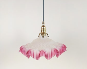 French Pink Glass Ceiling Light with Brass Hardware And Grey Fabric Cable + Porcelain Ceiling Rose, Ruffled Petticoat Pendant Light