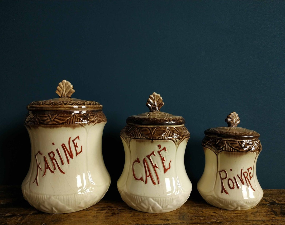 3 French Spice Jars, Retro Majolica Canisters, Vintage Ceramic Kitchen ...