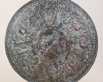 Large Brass Repoussé Shield Plaque Roman Battle Scene Victorian Grand Tour Wall Hanging Decor