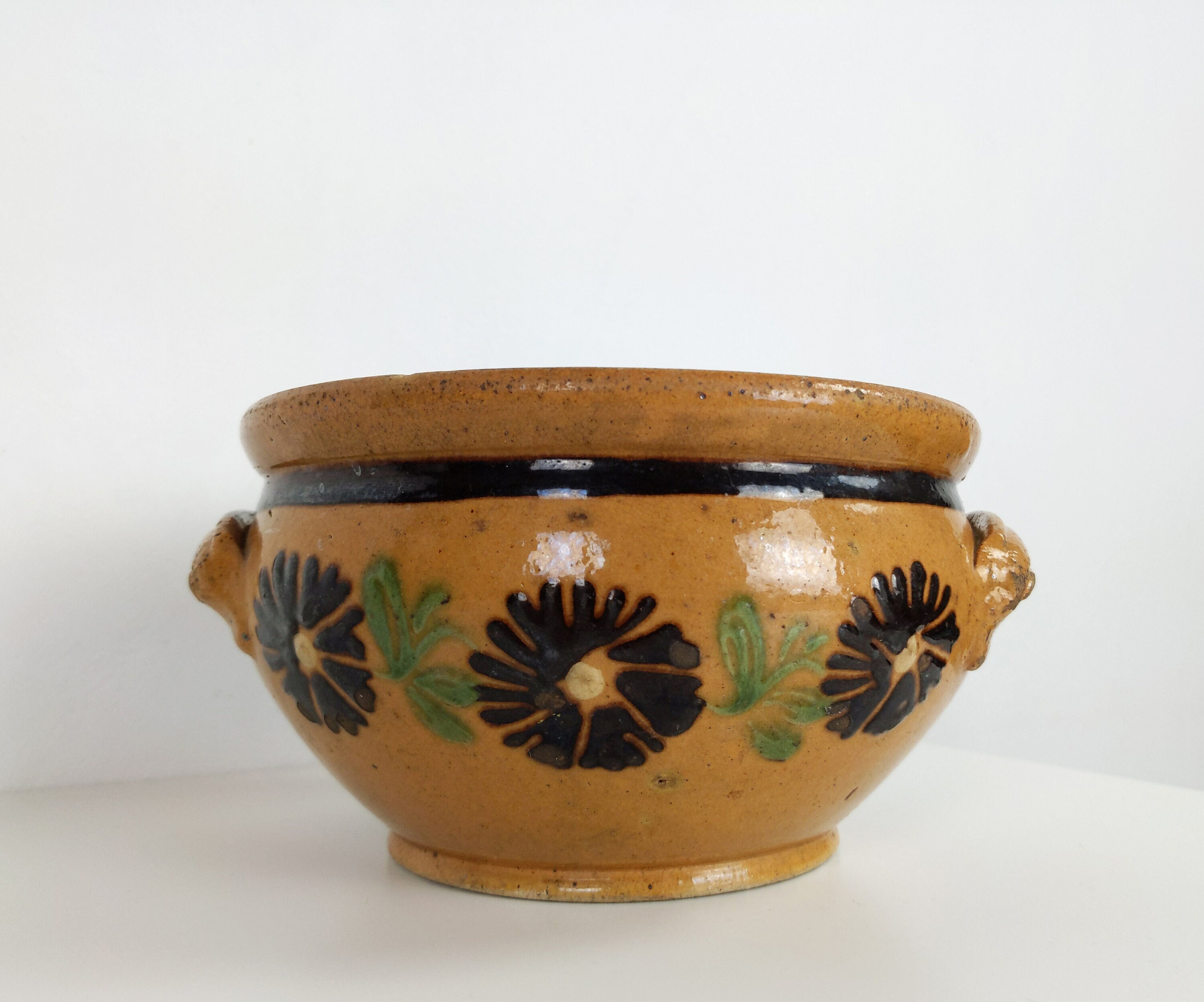 Antique 19Ème Siècle Primitif Français Bol en Poterie Faïence avec Décoration Florale, Décor Rustiqu