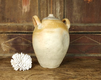 Very Large French Antique Salt Glazed Stoneware Primitive Ceramic Earthenware Wine Vinegar Jar with Handles,  Early 20th Century 1900&#39;s