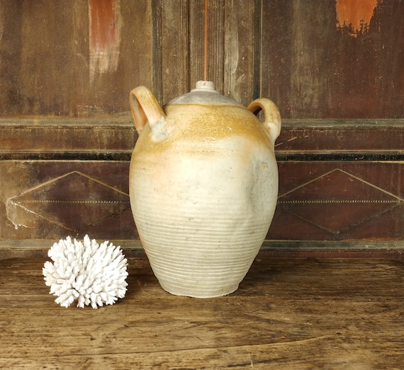 Very Large French Antique Salt Glazed Stoneware Primitive Ceramic Earthenware Wine Vinegar Jar with Handles,  Early 20th Century 1900's