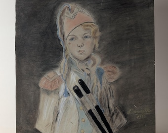 Retrato al pastel de un tamborilero napoleónico, 1936. Obra de arte francesa original firmada, decoración de pared antigua, dibujo de traje militar con sombrero bicornio.
