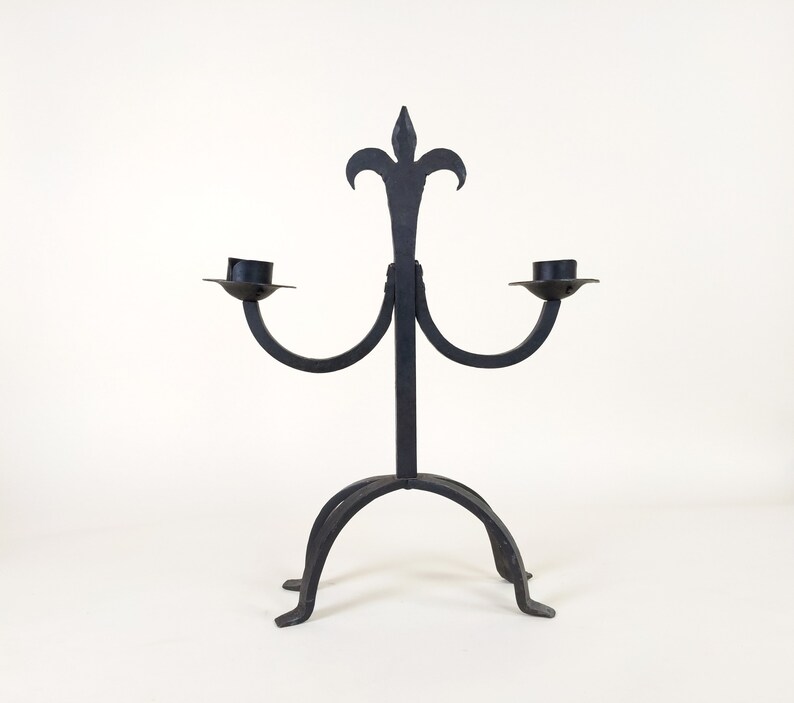 Large French Wrought Iron Hand Forged Iron Candle Holder Chandelier, Large Rustic Fleur De Lys Candlestick From France image 7