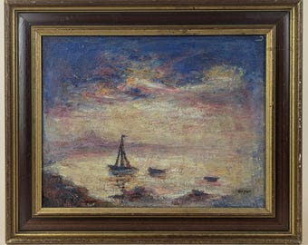 Vintage French Coastal Oil Painting, Sailboat Scene, Framed Impressionist Art