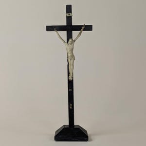 Antique 18th 19th Century Carved Bone Crucifix Jesus on Ebony Wood Cross Christian Holy Cross Religious Decor Hand Painted Crucifixion