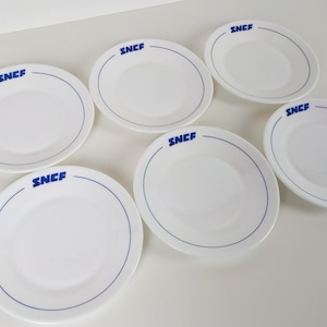 6 Vintage French Glass SNCF Train Side Plates Made By Arcopal 1970s, Retro Gift For Trainspotter, Train Lovers Gift, Breakfast Table Decor