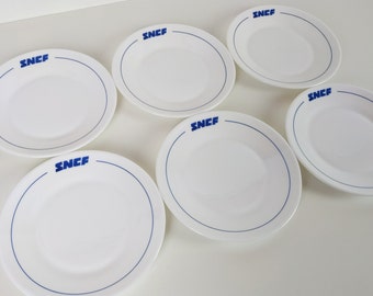 6 Vintage French Glass SNCF Train Side Plates Made By Arcopal 1970s, Retro Gift For Trainspotter, Train Lovers Gift, Breakfast Table Decor