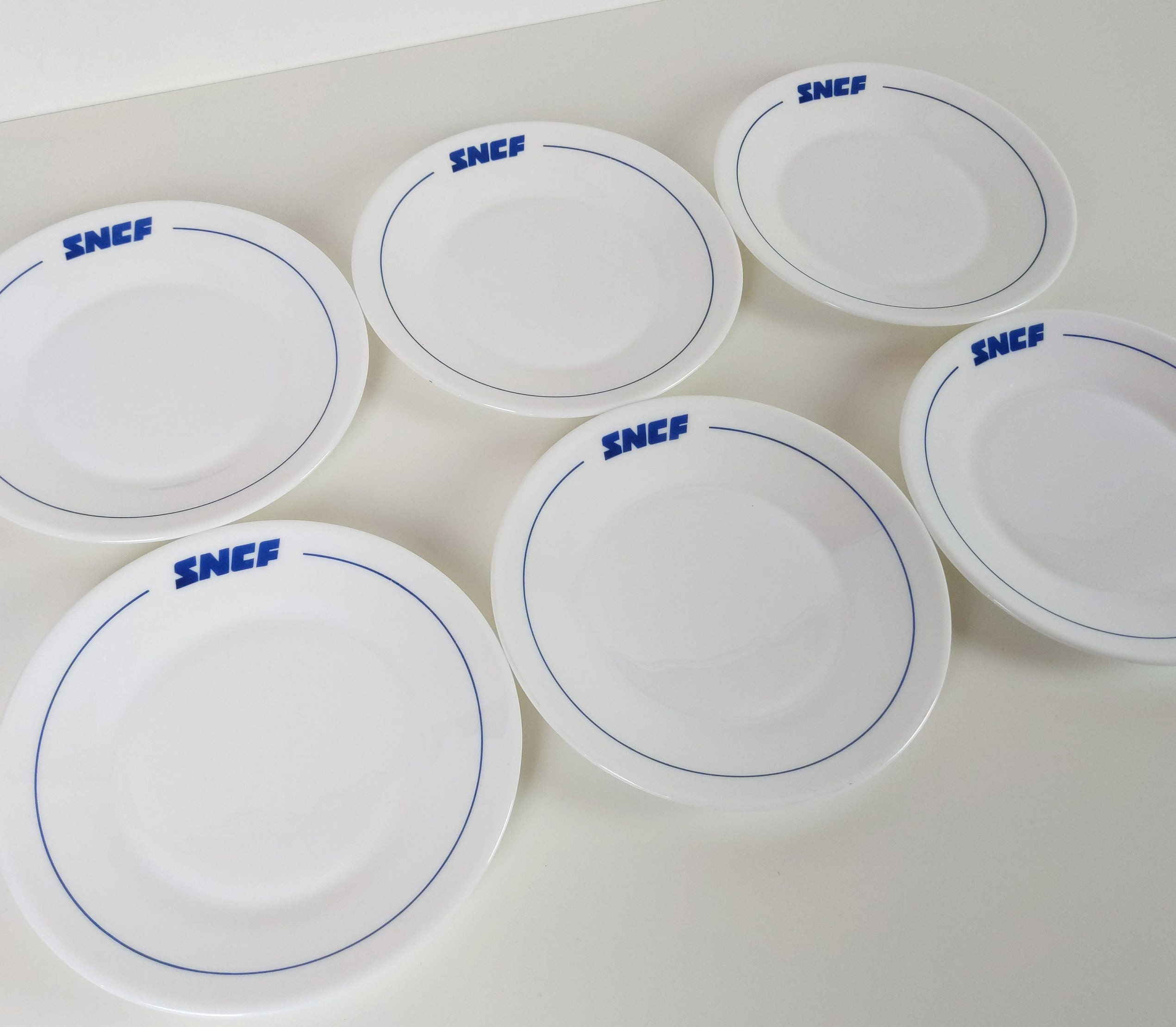 6 Vintage French Glass SNCF Train Side Plates Made By Arcopal 1970s, Retro Gift For Trainspotter, Train Lovers Gift, Breakfast Table Decor