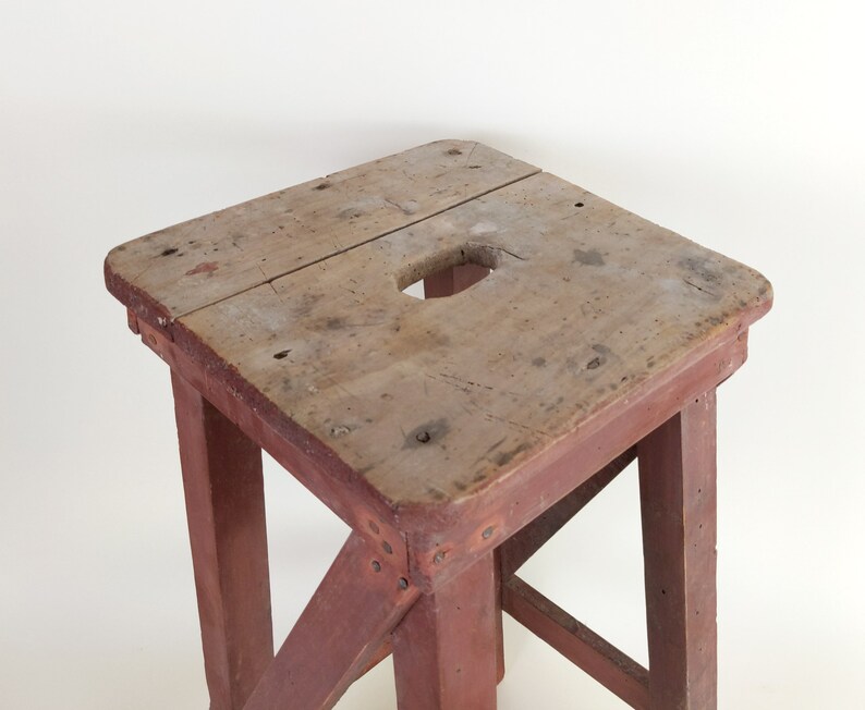 Primitive Antique 1920s Rustic French Four Leg Wood Stool For A Machinists Atelier In Wabi Sabi Style image 2