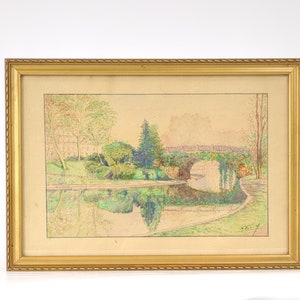 Signed French Watercolor Painting, Antique Park Scene Painting, Wall Art From France