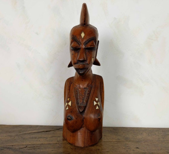 Sculpture Buste Femme Africaine En Bois Vintage - 17 Cm, Main, Décoration Ethnique Occasion