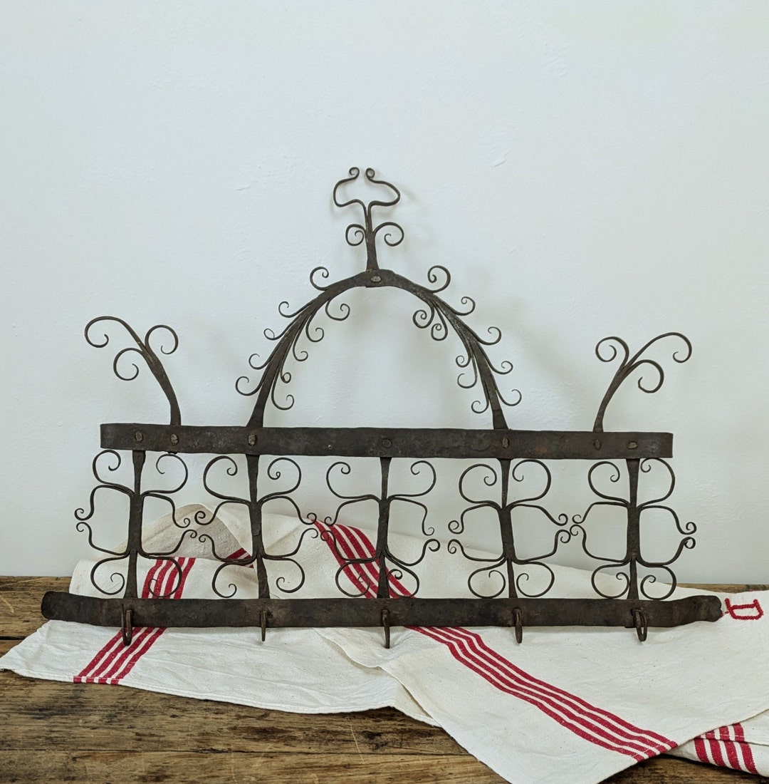 Antique Wrought Iron Towel Holder, Old Spanish Kitchen Utensil Holder, Rustic French Kitchen ...