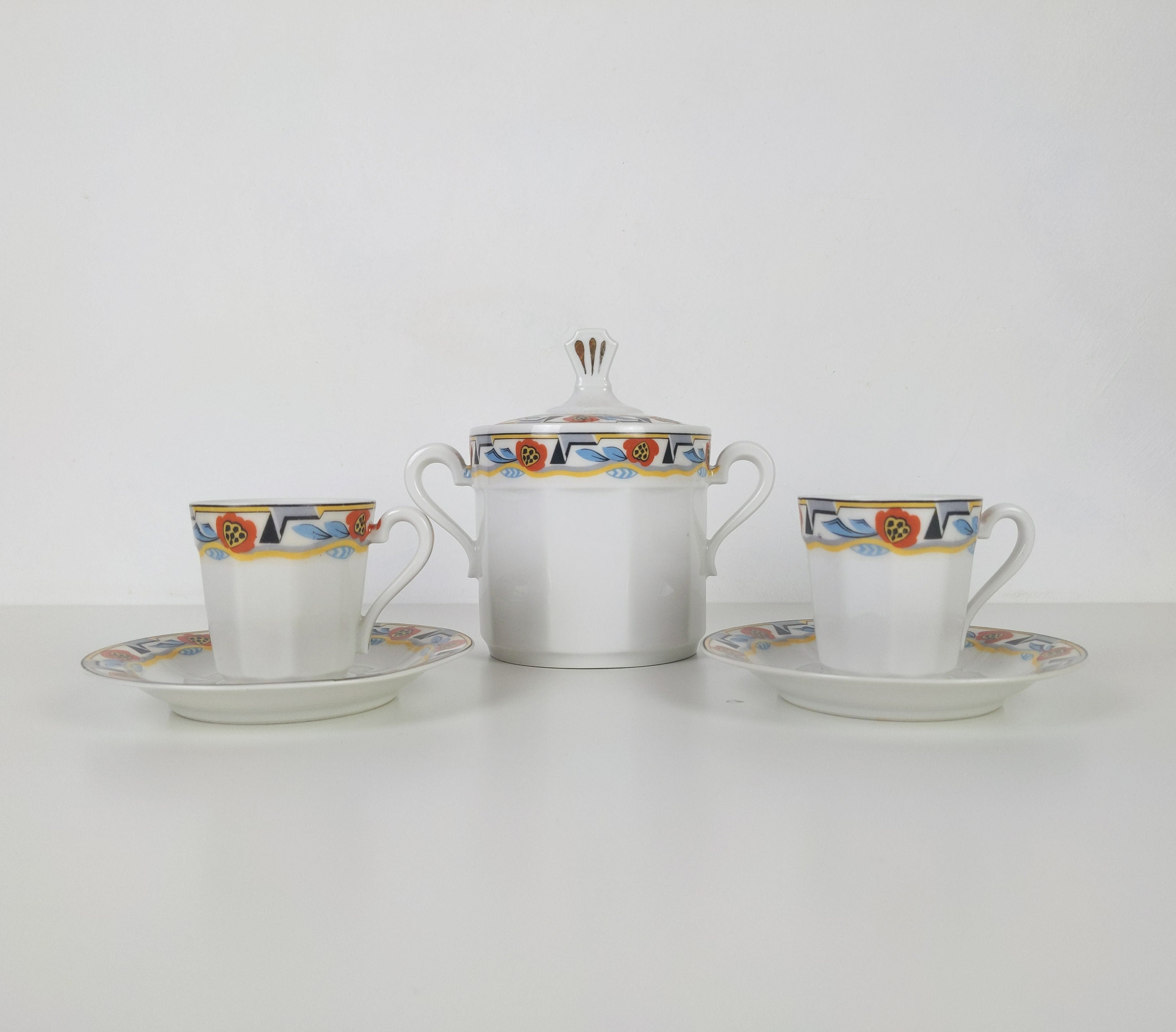 Vintage Français Art Déco Limoges Porcelaine Espresso Tasses à Café et Soucoupes avec Sucrier Assort