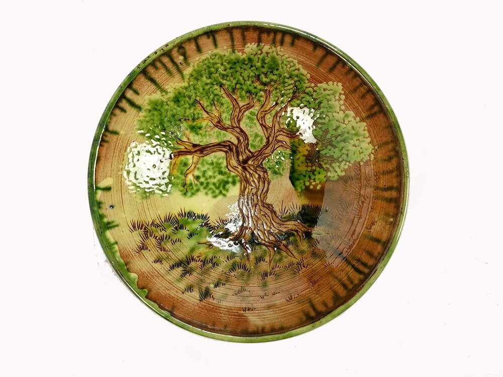 Grand Français Décoré Vitrage Bol de Poterie en Terre Cuite Représentant Le Grand Arbre, Coupe à Fru