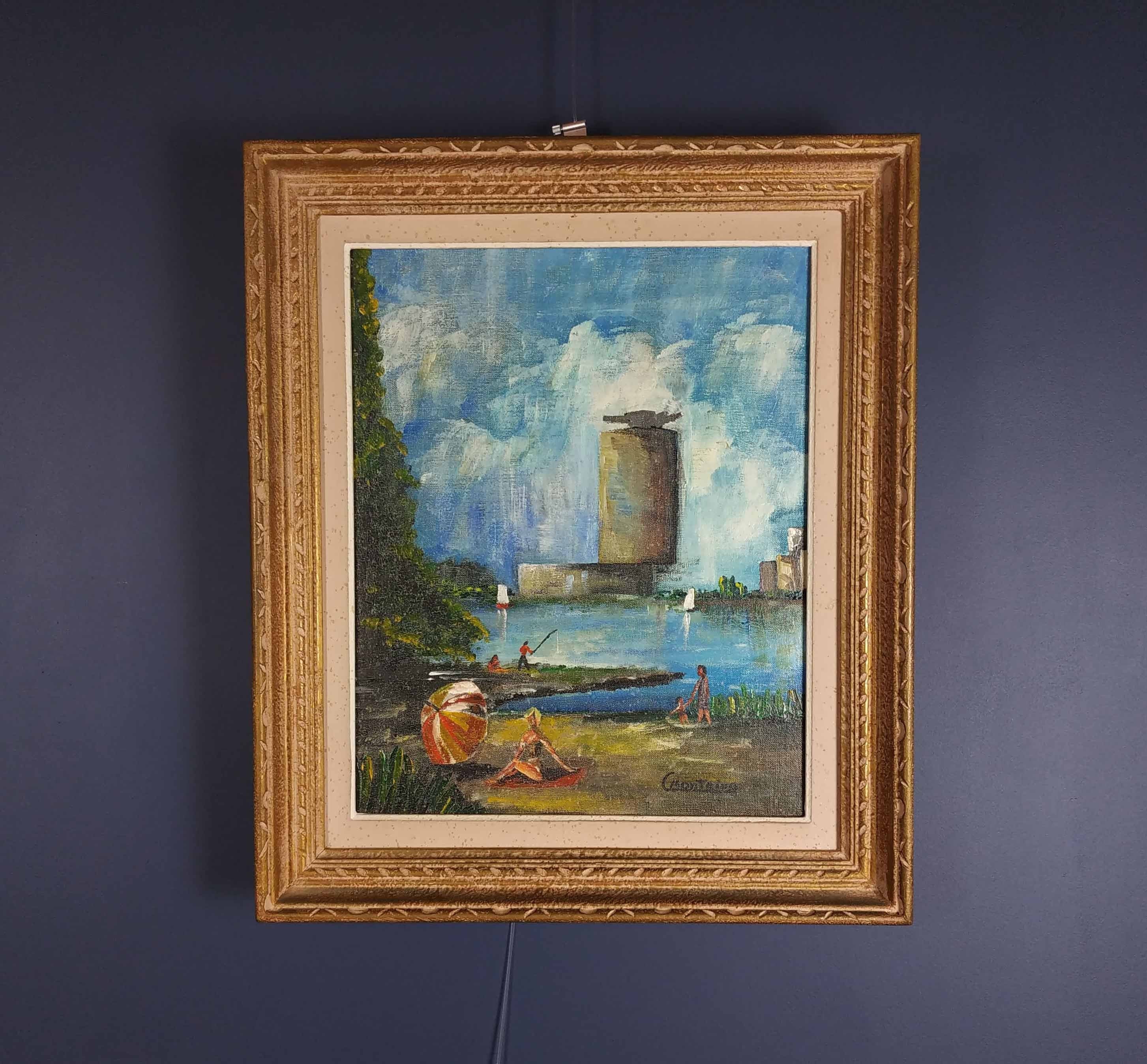Vintage Leisure Lake Oil Painting, Vintage Français Sailing & Fishing Signed Painting By Monteiro