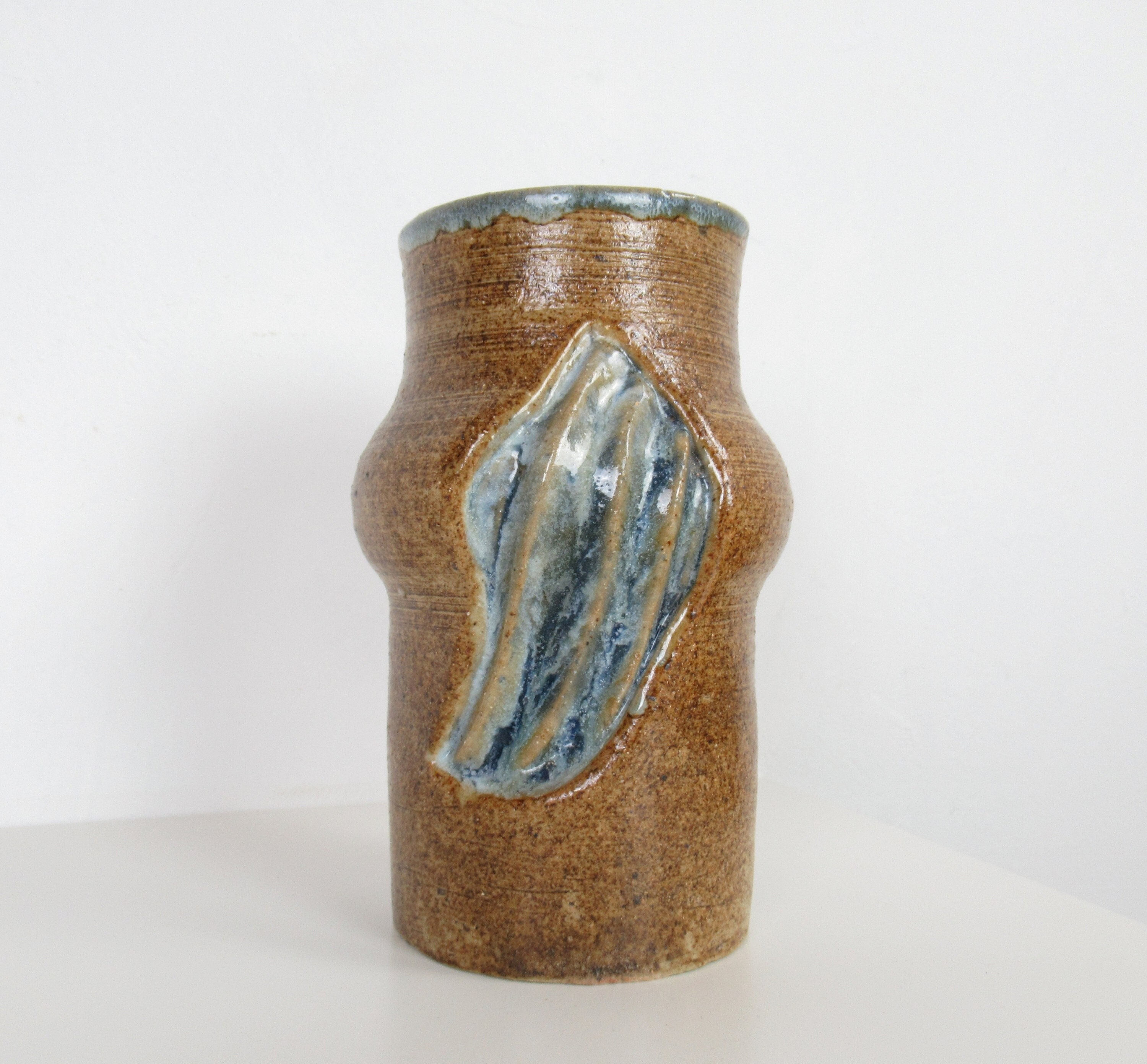 Vase Original, Vintage Mid Century Blue & Brown Lava Type Français Studio Poterie Roue Tourné Grès F