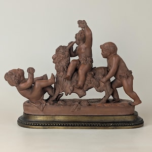 French Terracotta Putti and Goat Sculpture Signed by Toinel Large Clay Cherub And Goat Sculpture Statue, Art Decor From France