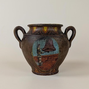 Antique Rustic French Painted Ceramic Pottery Confit Pot With Handles Perfect For Farmhouse Provence Kitchen Decor, Original Flower Vase