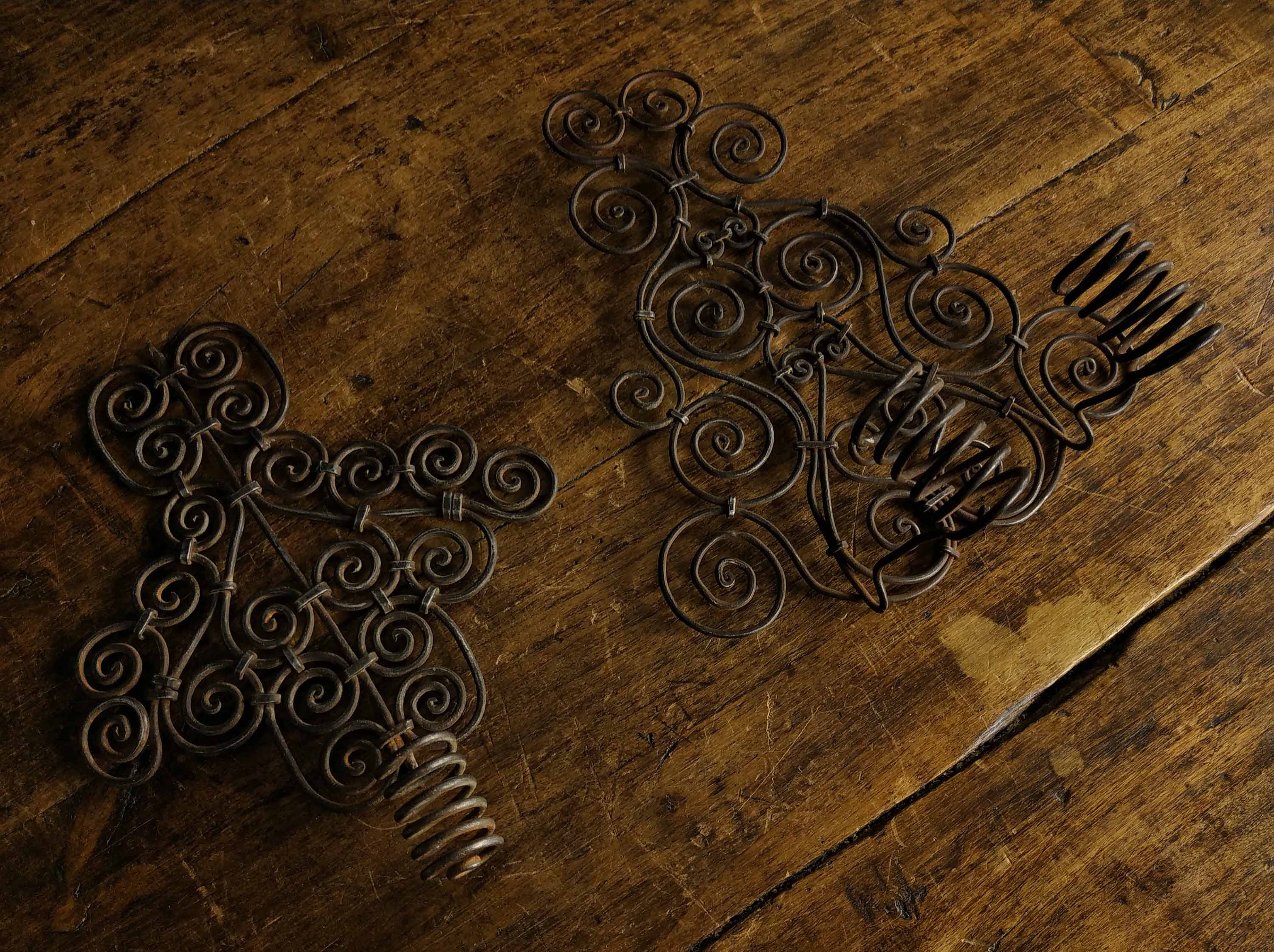 Two Rustic Antique Français Wirework Wall Sconce, 1800S Folk Art Metalwork Candle Holders, Primitive