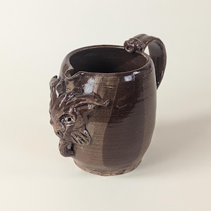 Vintage French Pottery Grotesque Devil Face Jug Signed Studio Art Stoneware Mug Large Satyr Mask Rustic Brown Folk Art Handmade Ceramic Cup