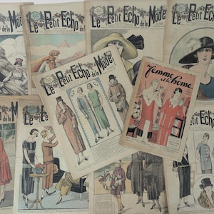 10 Revistas de moda feminina francesas antigas da década de 1920, Le Petit Echo De La Mode Paris, design de cenário e adereços, fotografia, documentos antigos e efêmeros franceses