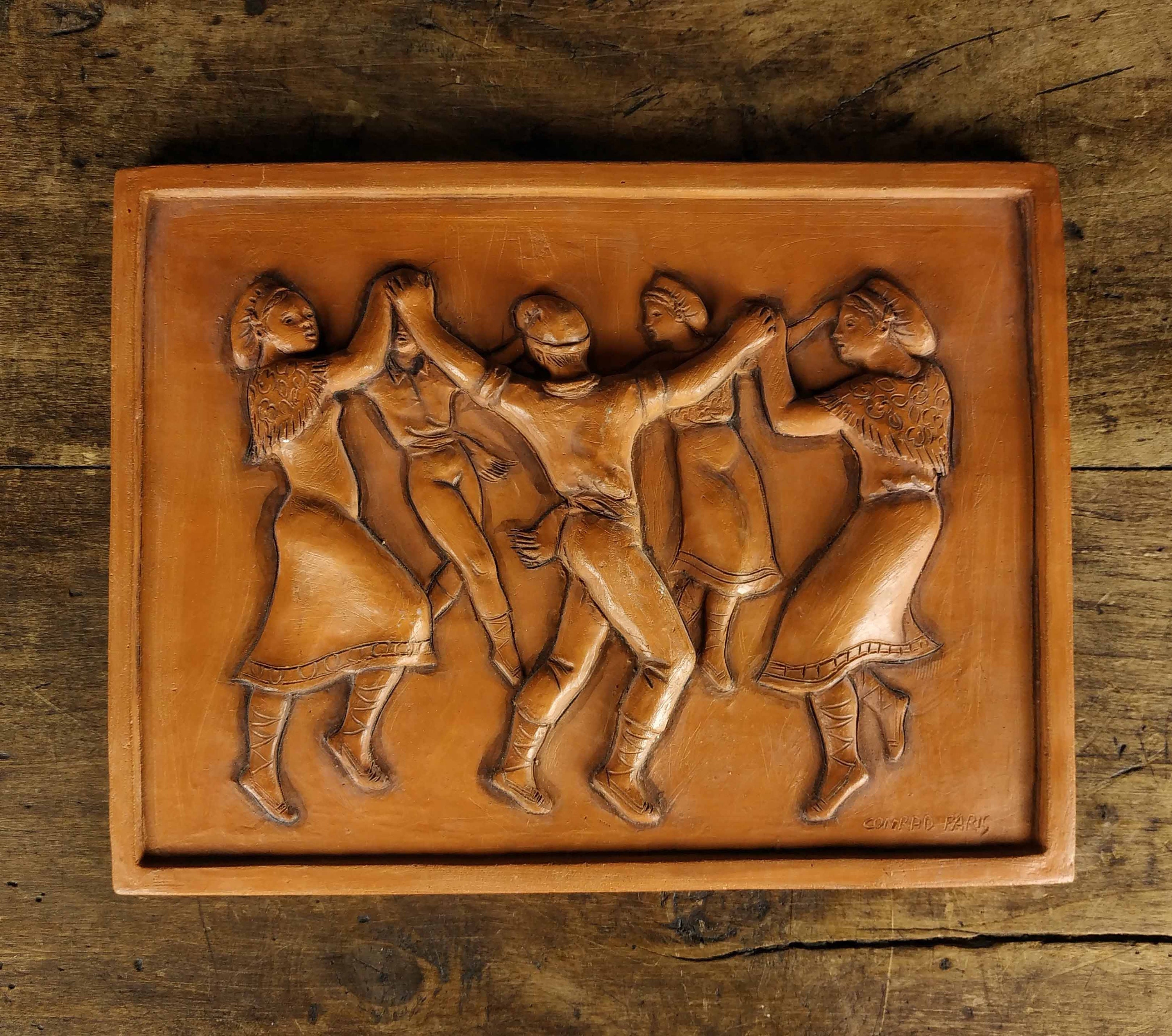 Français Ceramic Wall Hanging, Conrad Paris Redware Plaque, Vintage Earthenware Art, Santon Artist P