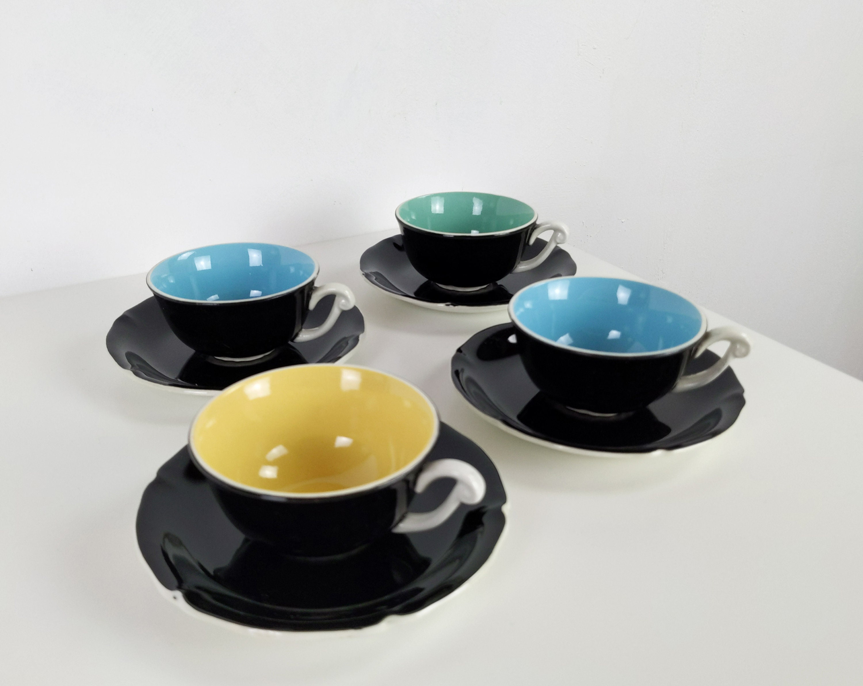 4 Tasses et Soucoupes Français Vintage St Amand, à Café Expresso Noir Bleu Français, Décor de Table 