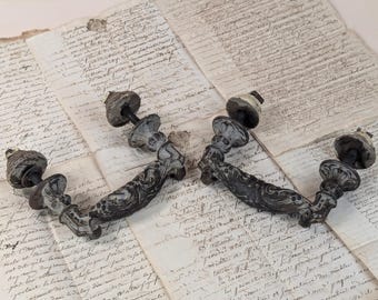 Cast Iron Door Pulls, Antique French Architectural Salvage Hardware, Ornate Double Handles Rococo Style c. 1890