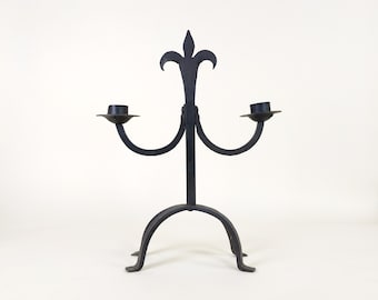 Large French Wrought Iron Hand Forged Iron Candle Holder Chandelier, Large Rustic Fleur De Lys Candlestick From France