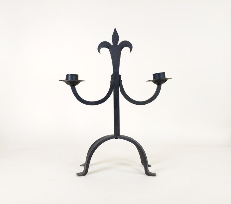 Large French Wrought Iron Hand Forged Iron Candle Holder Chandelier, Large Rustic Fleur De Lys Candlestick From France image 1
