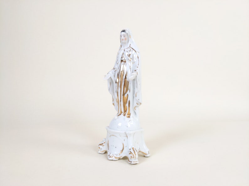 Figurita de porcelana de París de la Virgen María francesa antigua de 1800, estatua de Madonna de cerámica religiosa, capilla de nuestra señora, decoración cristiana antigua imagen 4