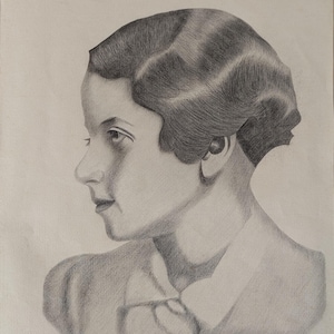 1920er Französische Bleistiftzeichnung, Junge Frau Profil Vintage Kunst, Originale Skizze, Elegantes Porträt Sammler Kunstwerk, Antike Zeichnung