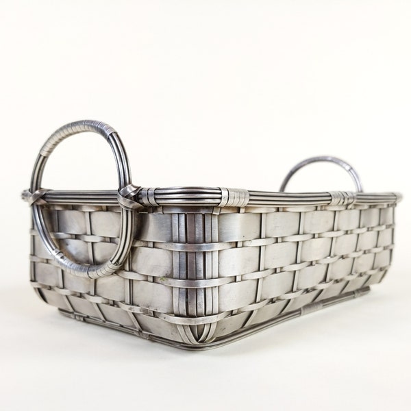 Decorative French Silver Plated Wicker Style Basket With Two Looped Handles