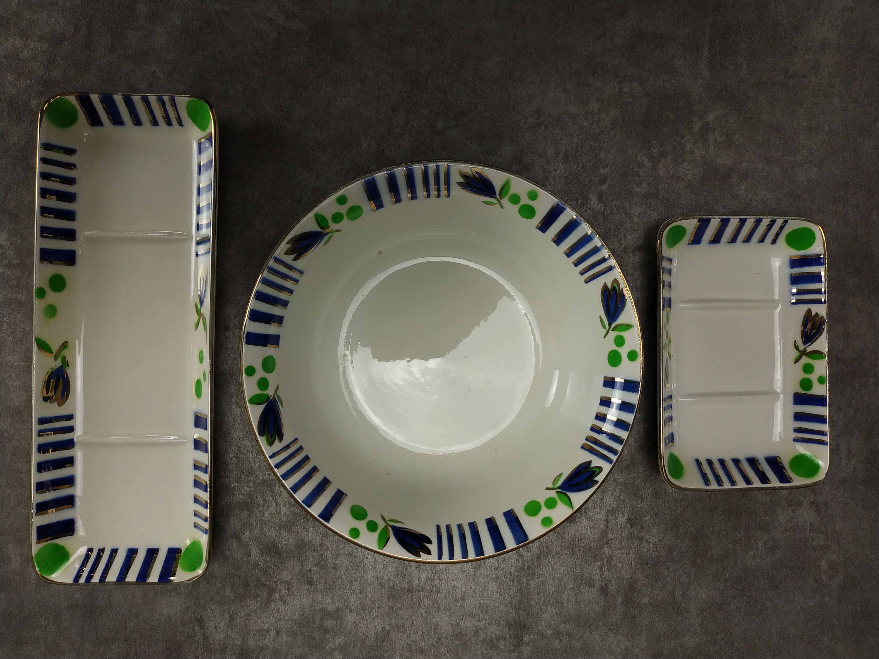 Vintage Français Art Déco Digoin Sarreguemines Ceramic Stencilware Jazz Design Bathroom Set Of Soap 