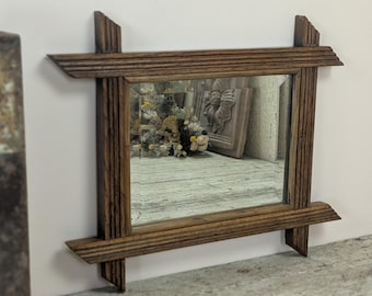 Antique French Rustic Wood Framed Beveled Mirror Square Wall Decor Vintage Wooden Accent Living Hallway Entryway Farmhouse Vanity Mirror