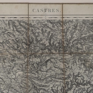 Mapa francés antiguo, mapa militar del siglo XIX de Castres y su campiña, mapa plegable Lemercier antiguo de la década de 1860 sobre tela, regalo para coleccionistas de mapas