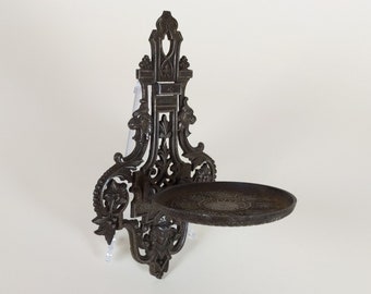 French Antique Pewter Metal Wall Hanging Folding Travelling Castle Candle Holder & Religious Statue Stand Shelf Late 1800s Victorian Period