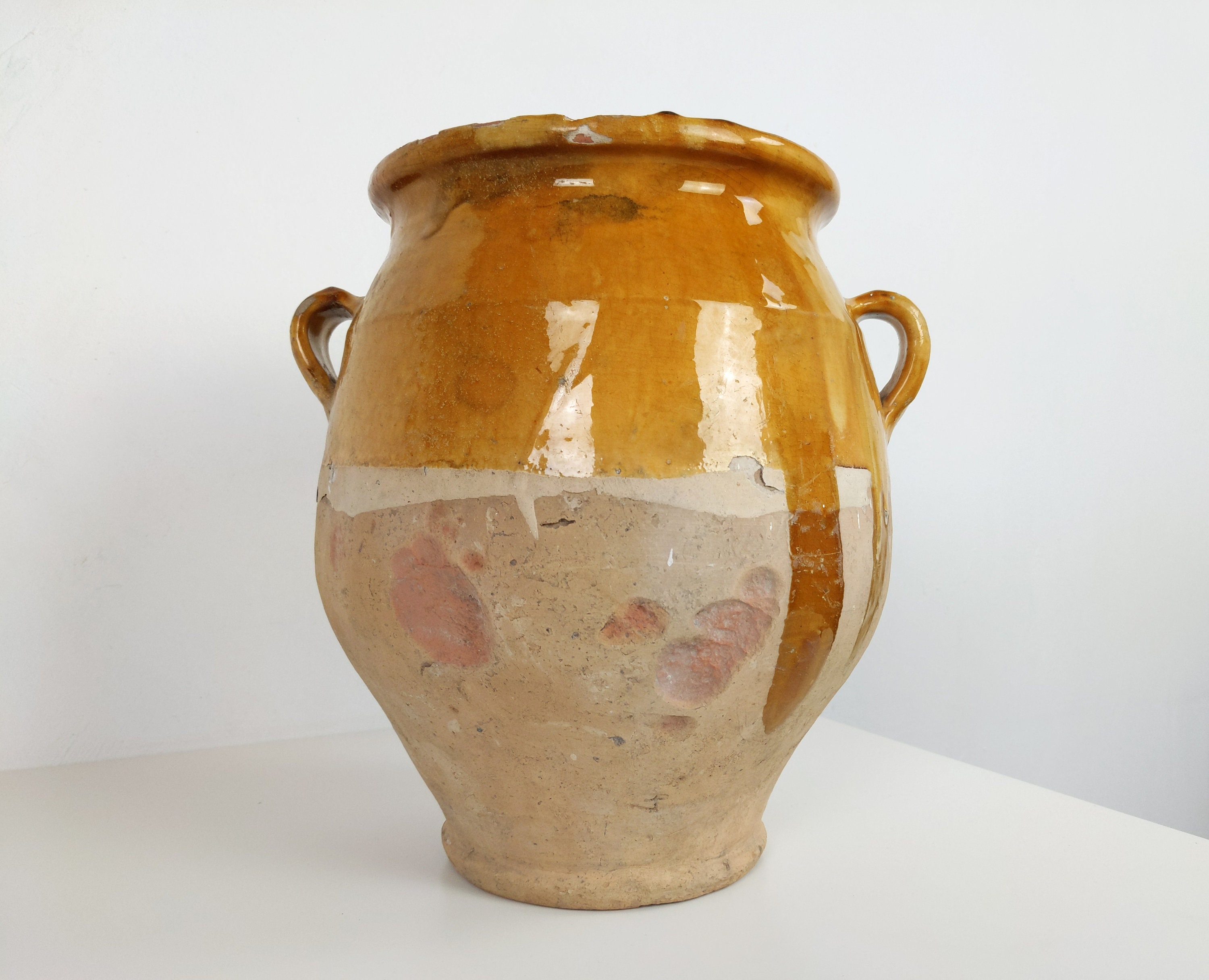 Antique Français Provence Jaune Émaillé Terre Cuite Pot Confit en Faïence, Céramique en Grès, Vieux 