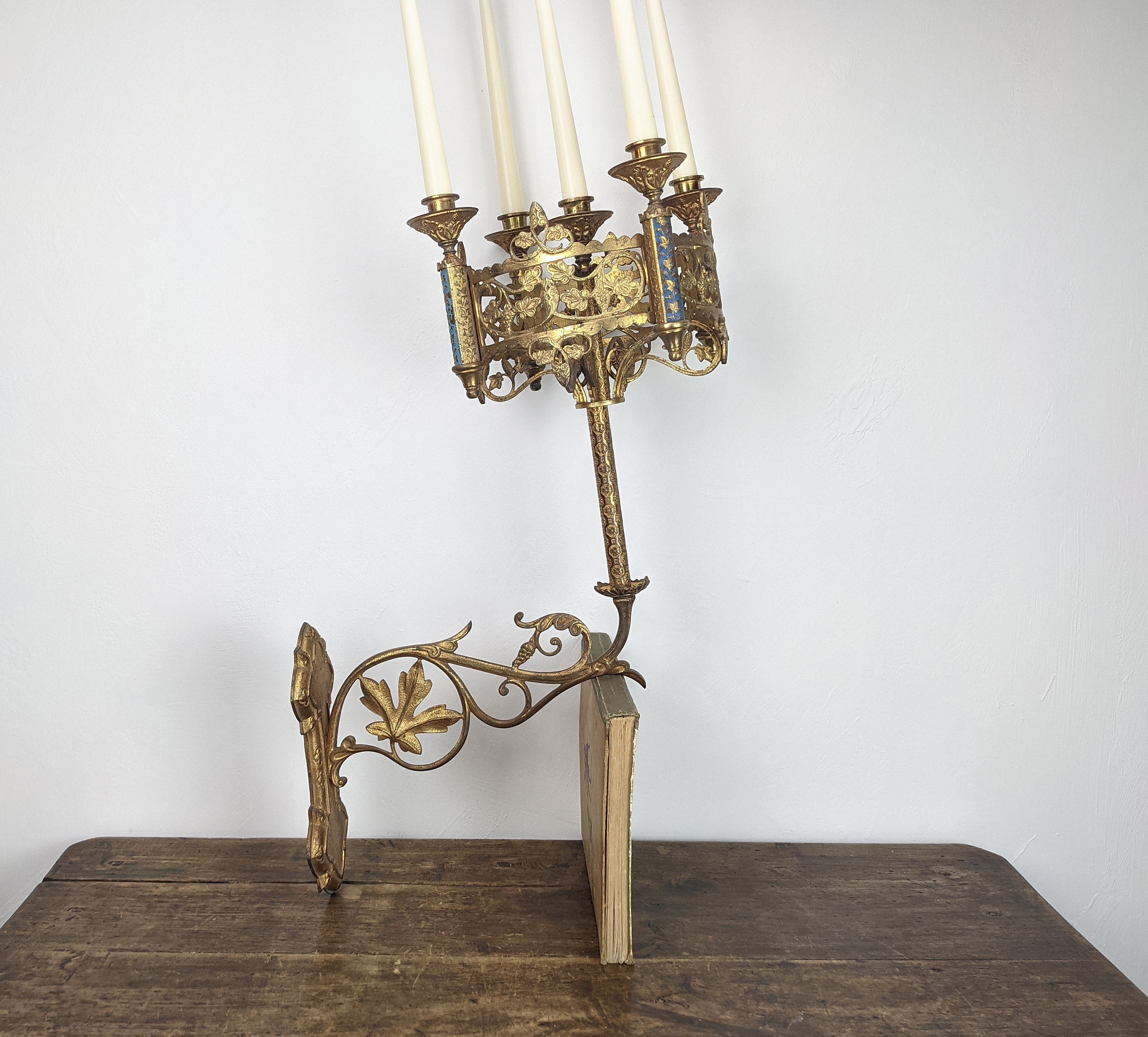 Grande Français Gilt Bronze 1800S Neo Gothic Church 5 Candle Wall Sconce Candelabra, Lustre Chapelle